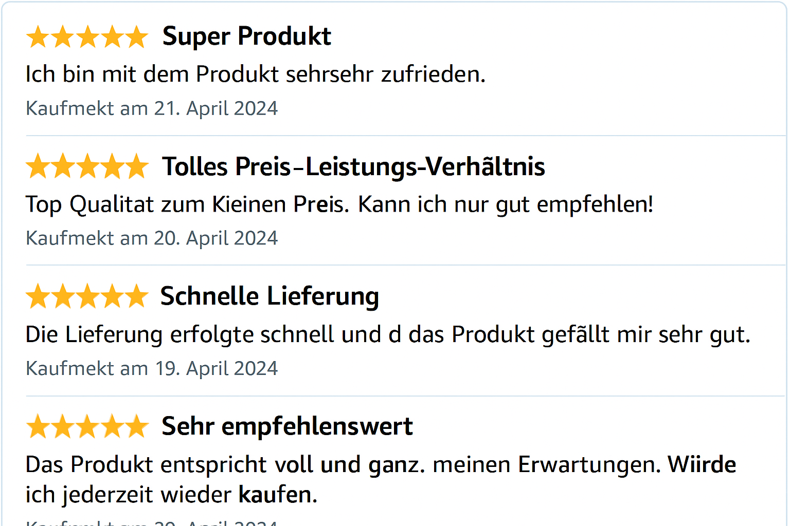 Screenshot zufriedener Amazon-Kundenbewertungen